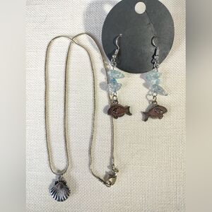 Beachy Seashell Necklace And Fish Dangle Earrings Mermaidcore Silver & Blue